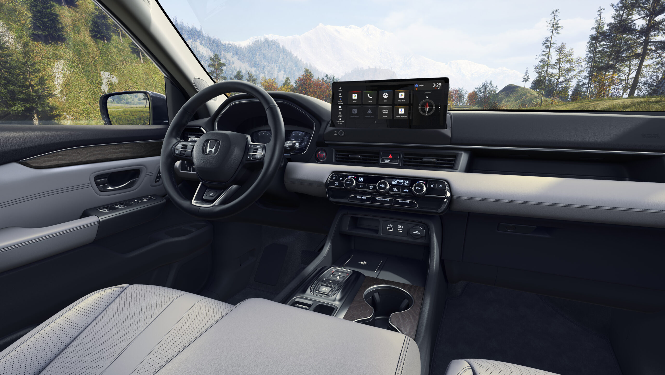 Honda Pilot 2026: más tecnología, confort y diseño para el SUV familiar de tres filas Interior delantero del Honda Pilot 2026 con nuevo tablero y pantalla central