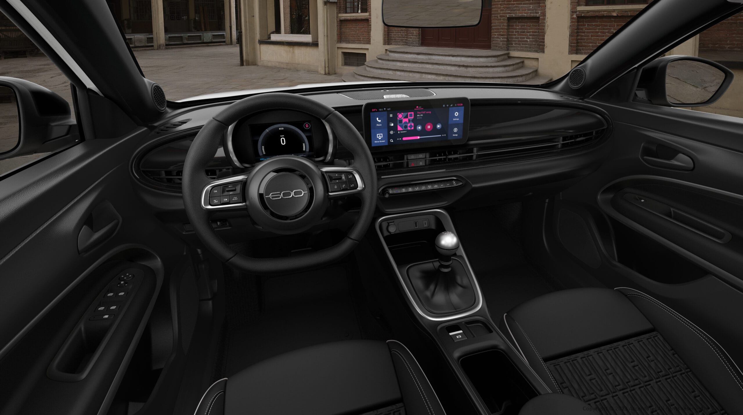 Interior FIAT 600 Street - Asientos blanco y negro, techo en negro